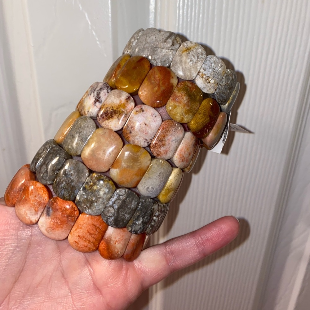 Multicolor Fossilized Coral Agate Beaded Soft Bangle Bracelet Set